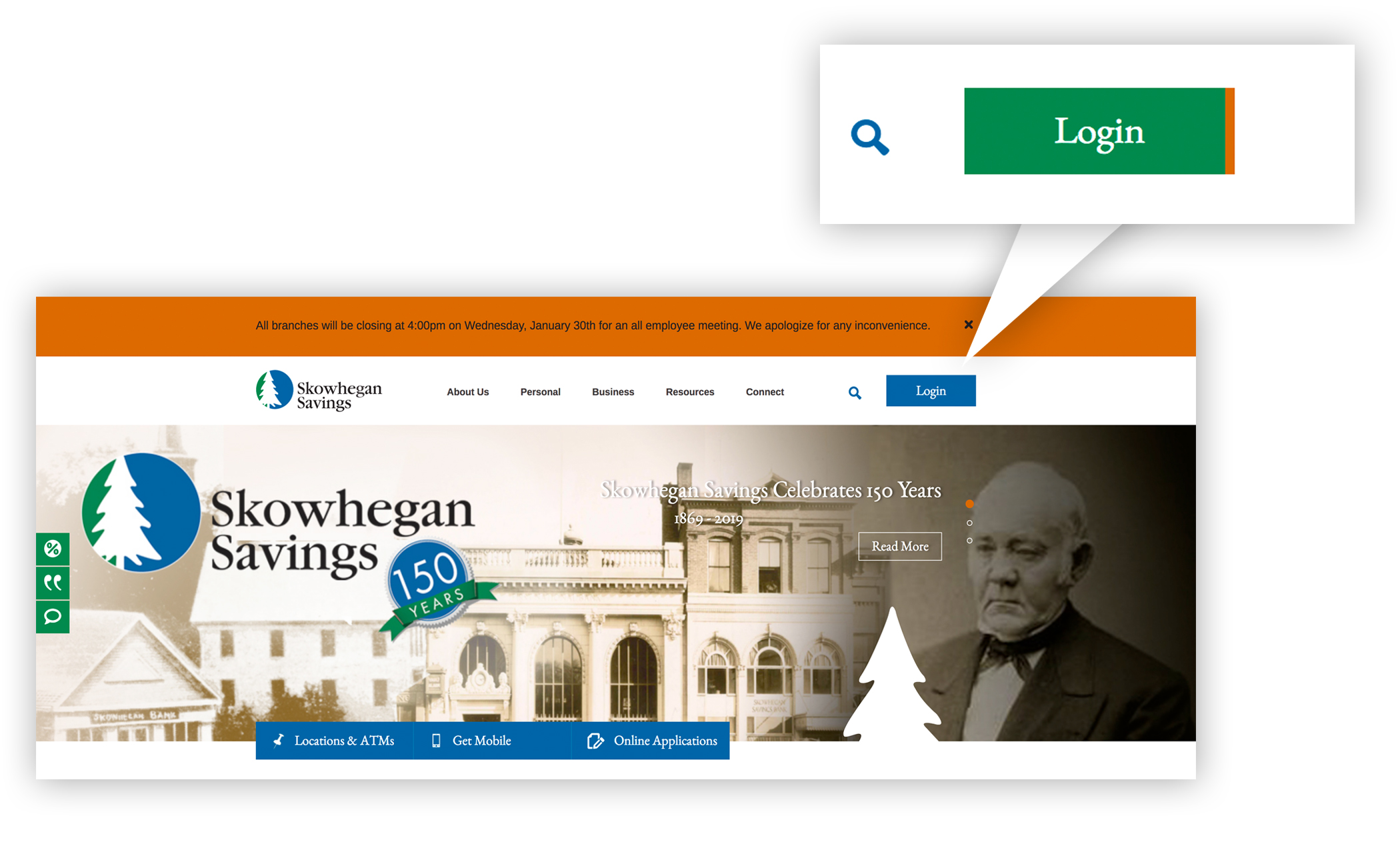 A screenshot of the Skowhegan Savings home page, featuring a look at our online banking login button